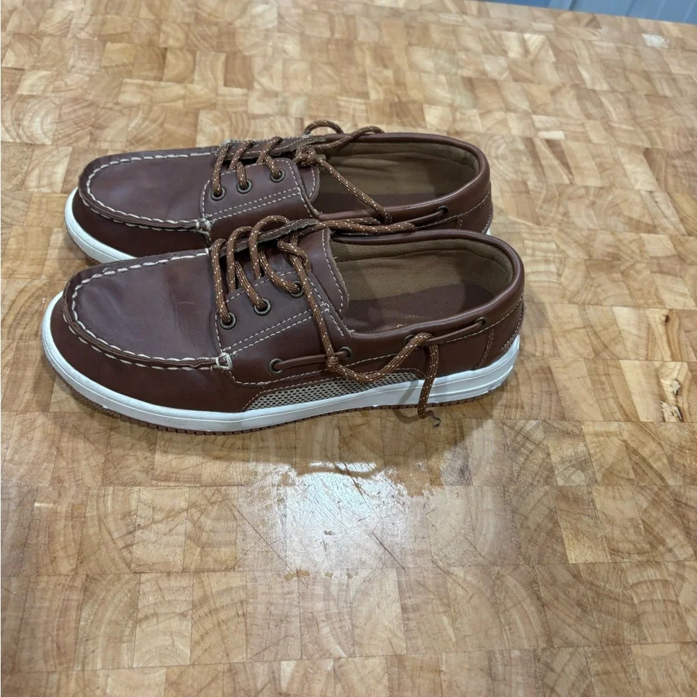 Kids Brown Leather Moccasin Boat Shoes with White Sole Size 3